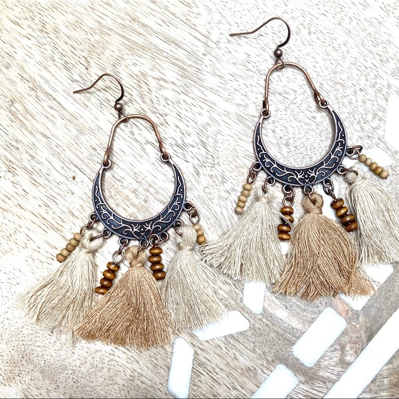 Boho Detailed Metal tassel drop Hoops Tiny Wooden Beads and Tassels earrings - Picture 1 of 6